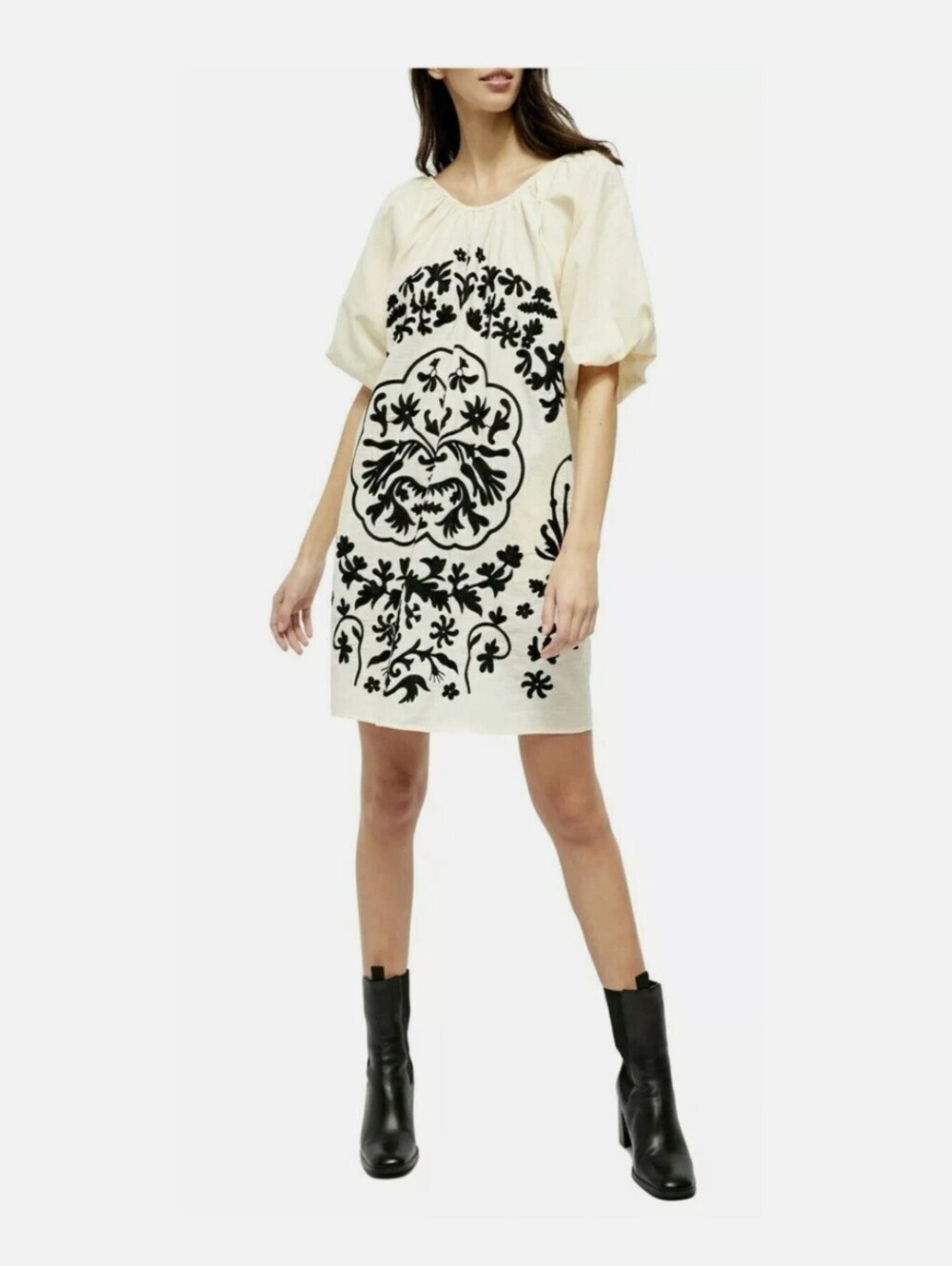 Free People Fiona Embroidered Mini Dress Size M Linen Cream Black